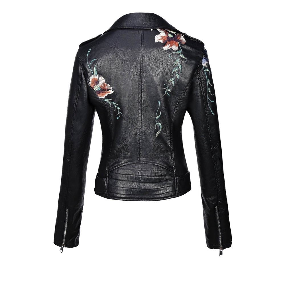Biker NWOT Black faux leather floral asymmetric Moto biker jacket M - Picture 2 of 7